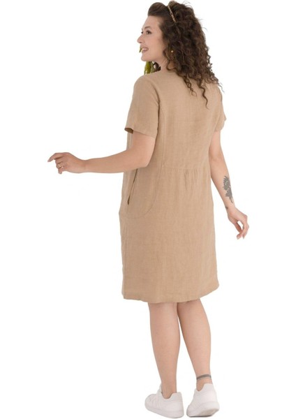 V Yaka Keten Elbise Bej modelleri