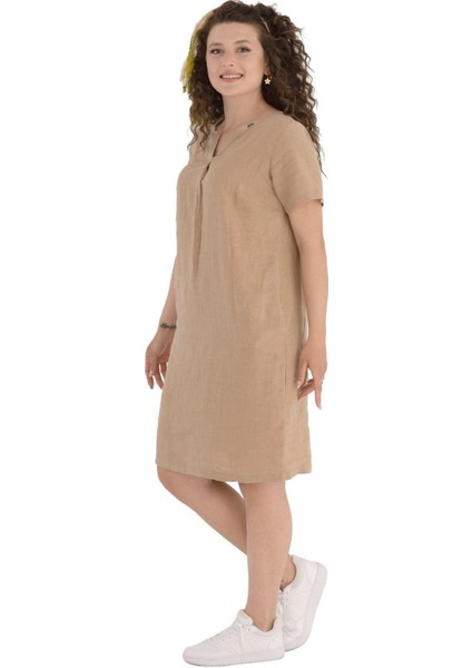 V Yaka Keten Elbise Bej fırsatları