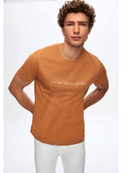 Regular Fit Camel Baskılı %100 Pamuk T-Shirt 2HC1454030180