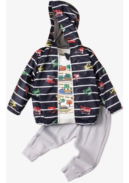 Araba Desenli Kapüşonlu Içi Pamuklu Yağmurluk Bebek Takımı