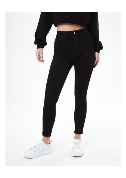 Jean Düz Yıkama Yüksek Bel Dar Paça Kadın Jean Pantolon