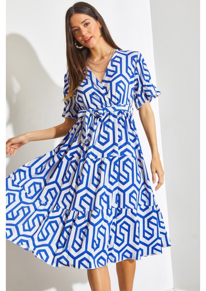 Kadın Kruvaze Yaka Beli Lastikli Kuşaklı Kloş Elbise