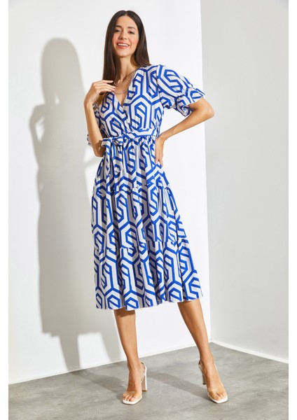 Kadın Kruvaze Yaka Beli Lastikli Kuşaklı Kloş Elbise fiyatları