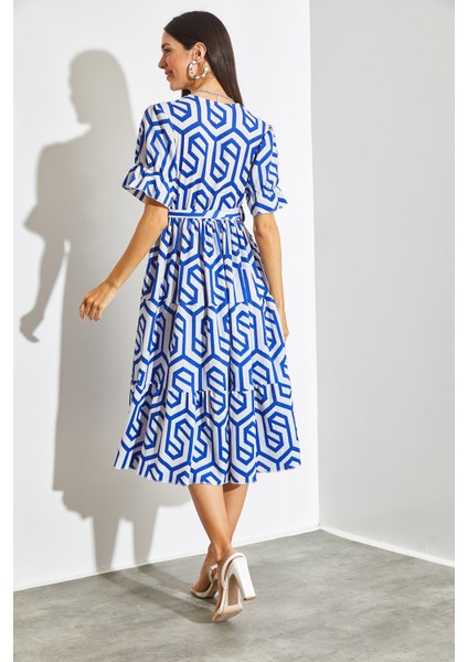 Kadın Kruvaze Yaka Beli Lastikli Kuşaklı Kloş Elbise modelleri