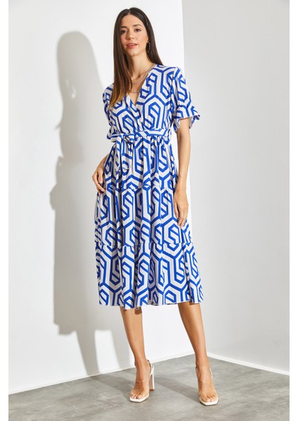 Kadın Kruvaze Yaka Beli Lastikli Kuşaklı Kloş Elbise fırsatları