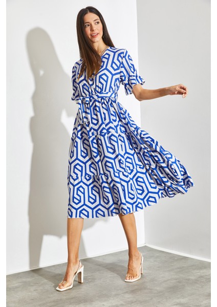 Kadın Kruvaze Yaka Beli Lastikli Kuşaklı Kloş Elbise indirimleri