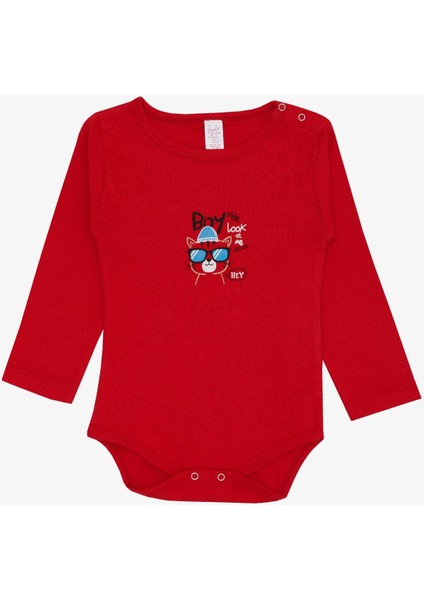 Kız Bebek Çıtçıtlı Zıbın Body Gözlüklü Kedicik Baskılı 9 Ay-3 Yaş, Kırmızı