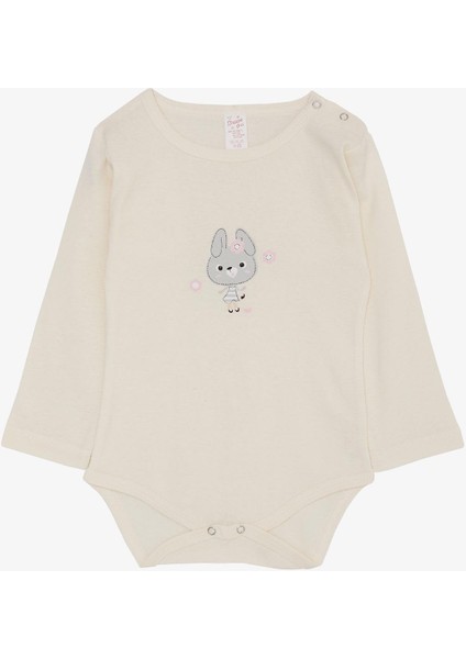 Kız Bebek Çıtçıtlı Zıbın Body Havalı Tavşancık Baskılı 9 Ay-3 Yaş, Krem