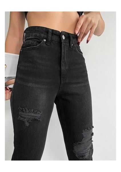 Yüksek Bel Peçli Mom Jean Kadın Pantolon