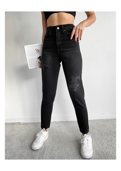 Yüksek Bel Peçli Mom Jean Kadın Pantolon