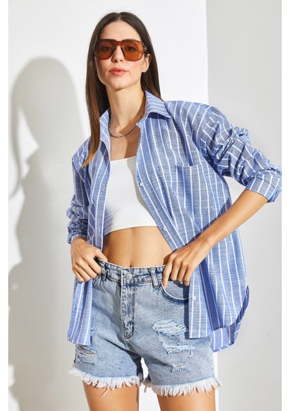 Kadın Tek Cepli Çizgili Oversize Gömlek modelleri