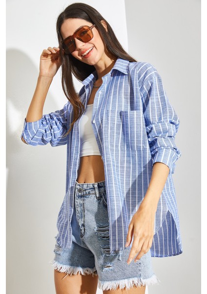 Kadın Tek Cepli Çizgili Oversize Gömlek fırsatları