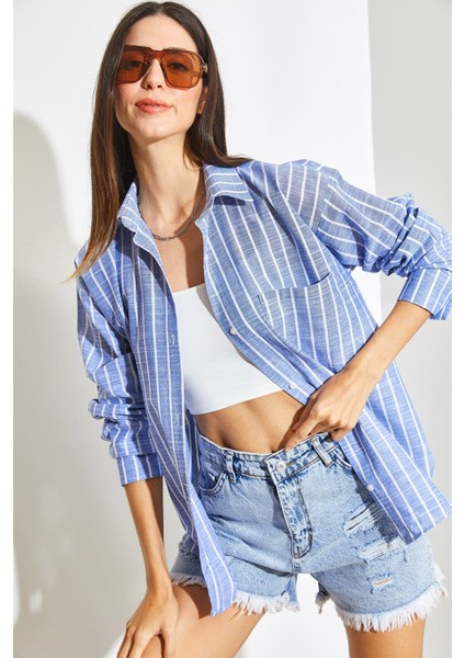 Kadın Tek Cepli Çizgili Oversize Gömlek indirimleri