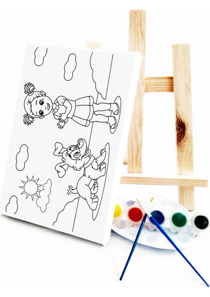 Kız & Köpek Çocuk Ressam Seti - 20 x 30 cm Önçizimli Tuval, 2 Adet Fırça, Palet, Boyalar ve Şövale
