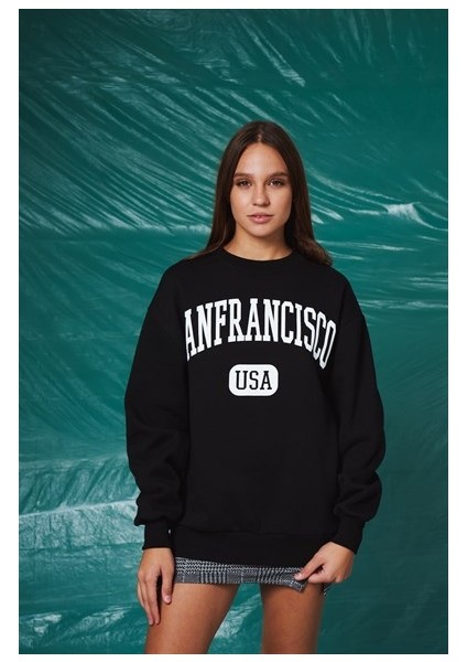 Bis Yaka Ön Sanfrancısco Yazı Baskı Şardonlu Uzun Kadın Sweatshirt