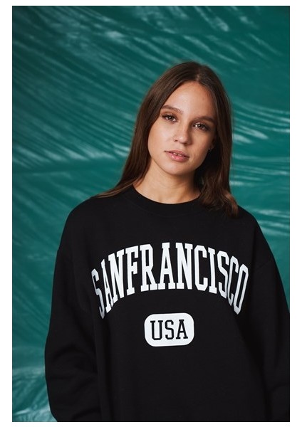 Bis Yaka Ön Sanfrancısco Yazı Baskı Şardonlu Uzun Kadın Sweatshirt fiyatları