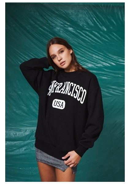 Bis Yaka Ön Sanfrancısco Yazı Baskı Şardonlu Uzun Kadın Sweatshirt modelleri