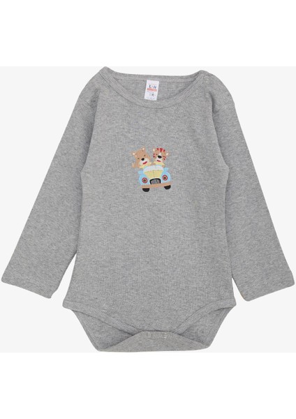 Erkek Bebek Çıtçıtlı Body Şoför Hayvancık Baskılı 9 Ay-3 Yaş, Gri Melanj