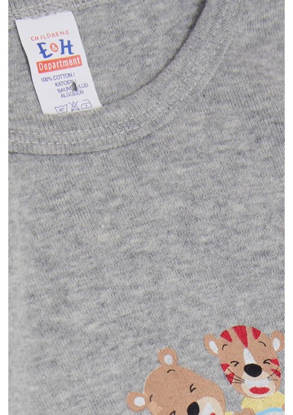 Erkek Bebek Çıtçıtlı Body Şoför Hayvancık Baskılı 9 Ay-3 Yaş, Gri Melanj