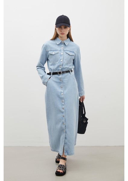 1975 Kemerli Denim Elbise Buz Mavi modelleri