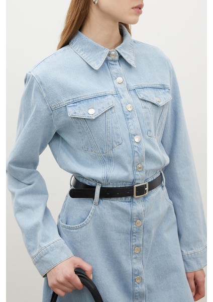 1975 Kemerli Denim Elbise Buz Mavi fırsatları