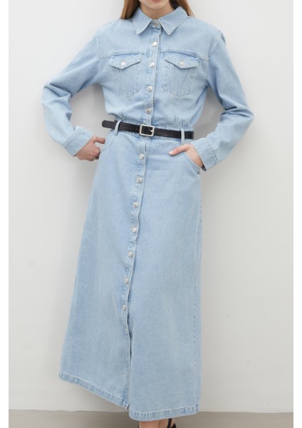 1975 Kemerli Denim Elbise Buz Mavi indirimleri