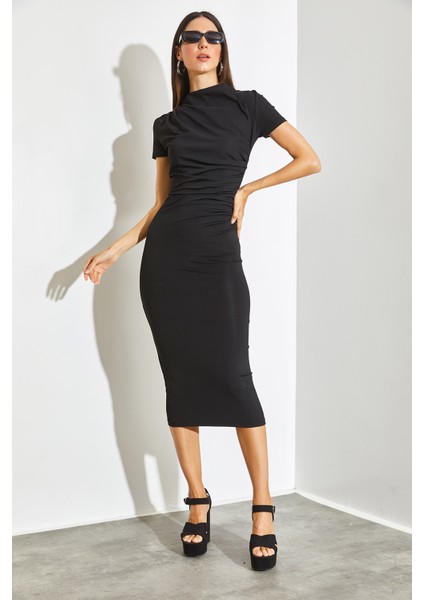 Kadın Yanı Drapeli Mikro Kumaş Midi Boy Elbise fiyatları