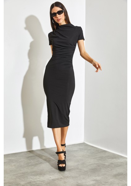 Kadın Yanı Drapeli Mikro Kumaş Midi Boy Elbise modelleri