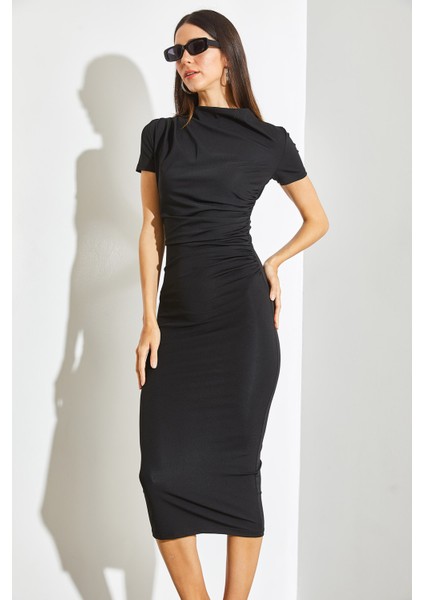 Kadın Yanı Drapeli Mikro Kumaş Midi Boy Elbise fırsatları