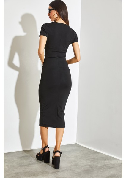 Kadın Yanı Drapeli Mikro Kumaş Midi Boy Elbise indirimleri