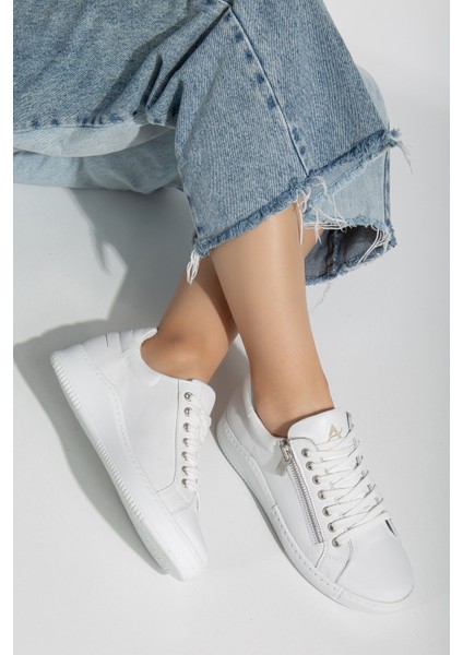 Kadın Deri Fermuarlı Spor Ayakkabı 2665 Spor Beyaz 41
