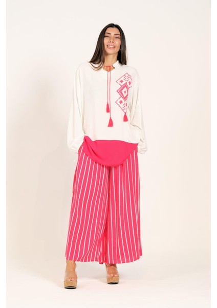 Kadın Pembe Desenli Püsküllü Pantolonu Çizgili Cepli Tunik Pantolon Ikili Takım