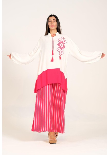 Kadın Pembe Desenli Püsküllü Pantolonu Çizgili Cepli Tunik Pantolon Ikili Takım