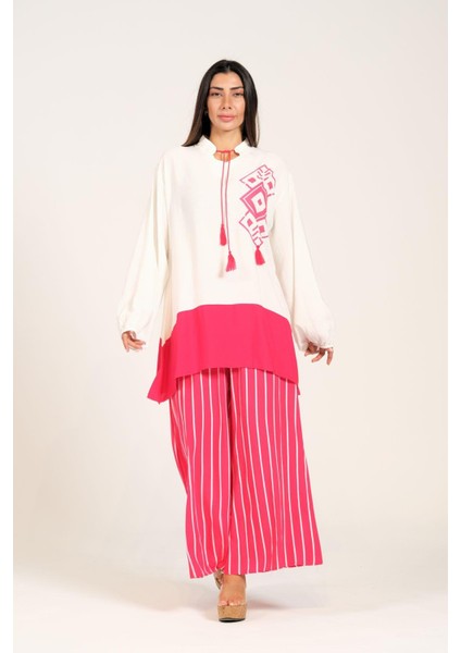 Kadın Pembe Desenli Püsküllü Pantolonu Çizgili Cepli Tunik Pantolon Ikili Takım