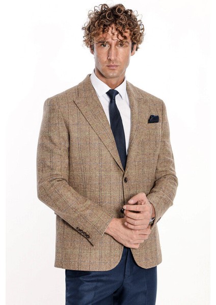 Balıksırtı Desen Slim Fit Yün Taba Erkek Ceket - Wessi