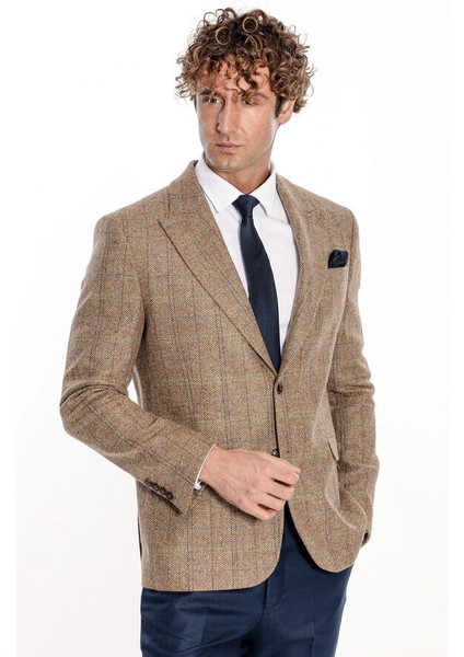 Balıksırtı Desen Slim Fit Yün Taba Erkek Ceket - Wessi modelleri