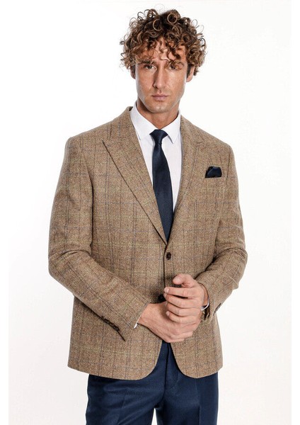 Balıksırtı Desen Slim Fit Yün Taba Erkek Ceket - Wessi indirimleri