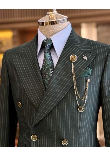 Italyan Stil Slim Fit Çizgili Ceket Pantolon Takım Elbise Yeşil T11830 indirimleri