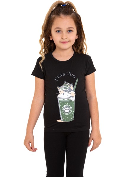 Siyah Cappucino Baskılı Bisiklet Yaka 5-12 Yaş Tişört 2018-6