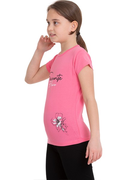 Pembe Favorite Baskılı Bisiklet Yaka 5-12 Yaş Tişört 2036-3 modelleri