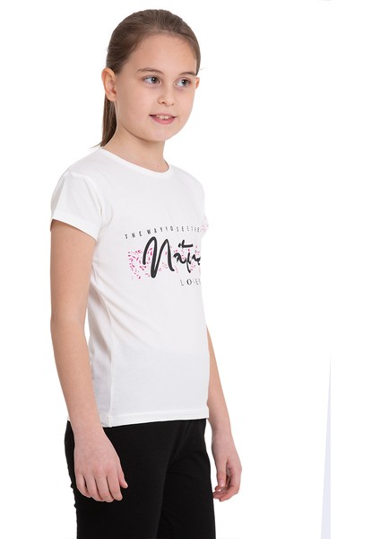 Beyaz Nature Baskılı Bisiklet Yaka 5-12 Yaş Tişört 2037-2 modelleri