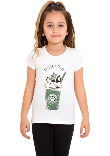 Beyaz Cappucino Baskılı Bisiklet Yaka 5-12 Yaş Tişört 2018-4