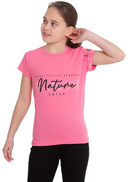 Pembe Nature Baskılı Bisiklet Yaka 5-12 Yaş Tişört 2037-1