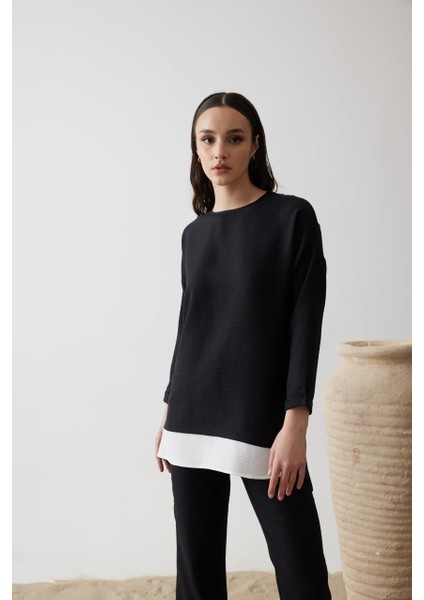 Bisiklet Yaka Renk Garnili Tunik ve Pantolon İkili Takım - Siyah