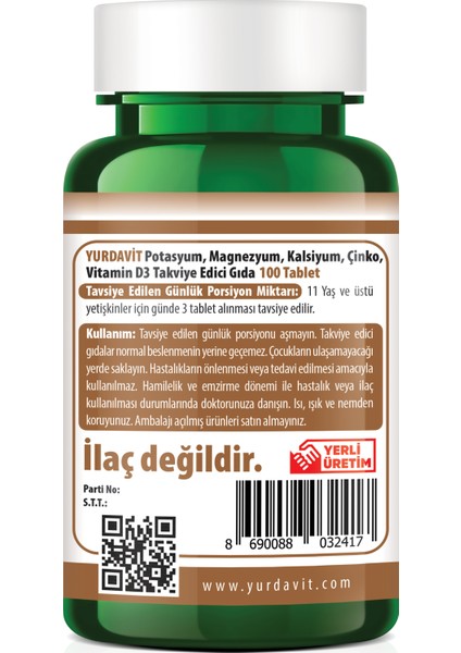 Potasyum Magnezyum Kalsiyum Çinko D3 Vitamini 100 Tablet