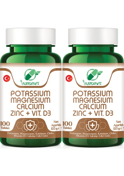 Potasyum Magnezyum Kalsiyum Çinko D3 Vitamini 2x100 Tablet