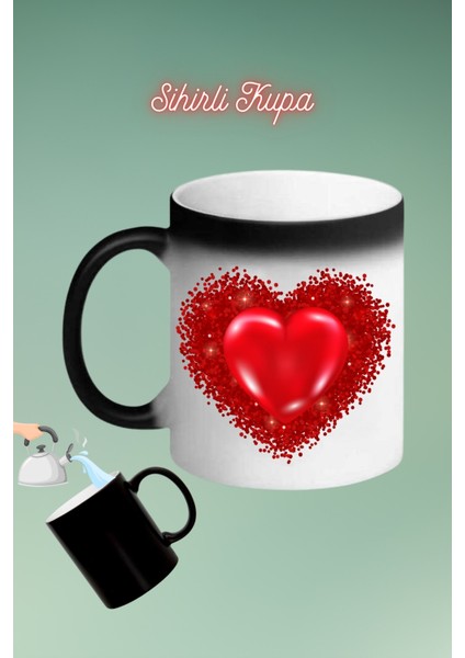 Kırmızı Kalp Baskılı Sihirli Kupa Bardak Çay Kahve Fincanı