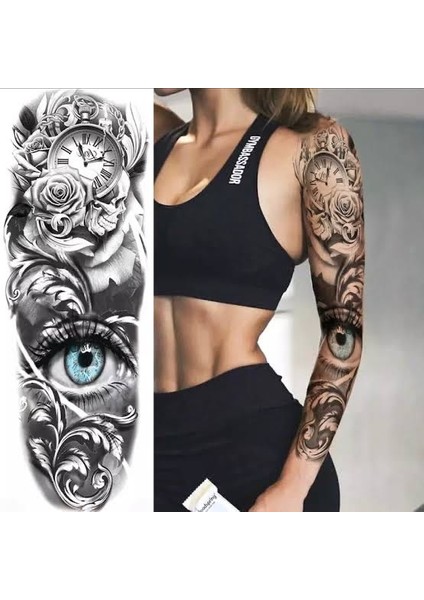 Gerçekci Göz Ve Gül Detaylı Kol Geçici Dövme Tattoo