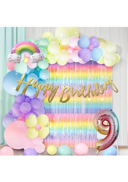 Makaron Balon Seti ve Arka Fonlu 9 Yaş Doğum Günü Seti Kutlama Eğlence