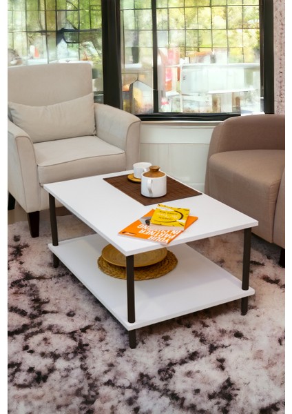 Orta Sehpa 2 Raflı Ahşap Ayaklı Dikdörtgen Gazetelikli Dekoratif Lüks Sehpa